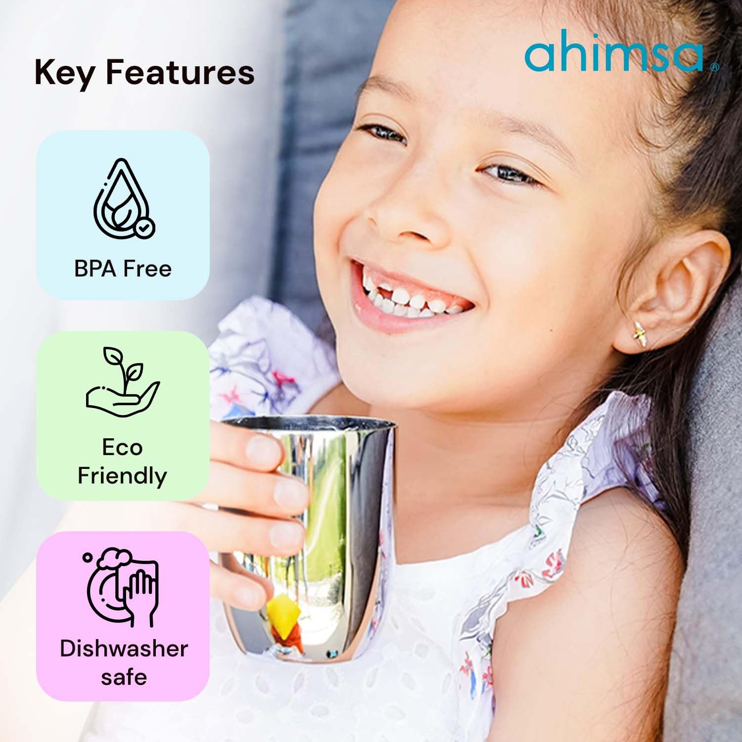 Ahimsa Stainless Steel 5 Piece Dinnerware Set - BPA Free, Pediatrician Designed, Mindful Mealtime Set - Classic Steel